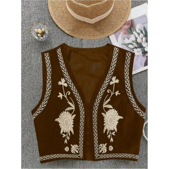 Women's Brown Cowgirl Western Outfit Linen Embroidered Boho Vest Tops - Picture 3 of 4